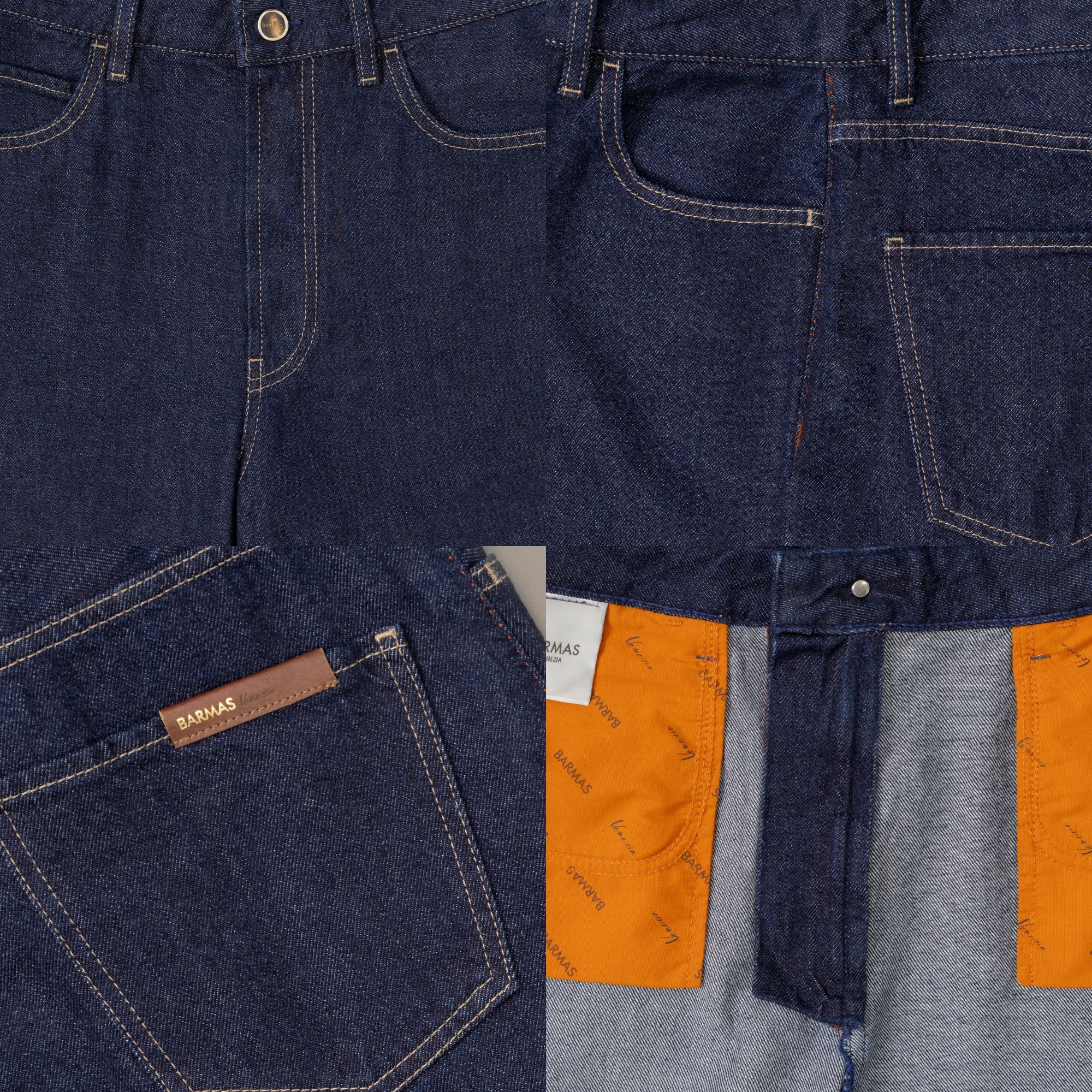 Collage di quattro dettagli di pantaloni in denim Barmas.