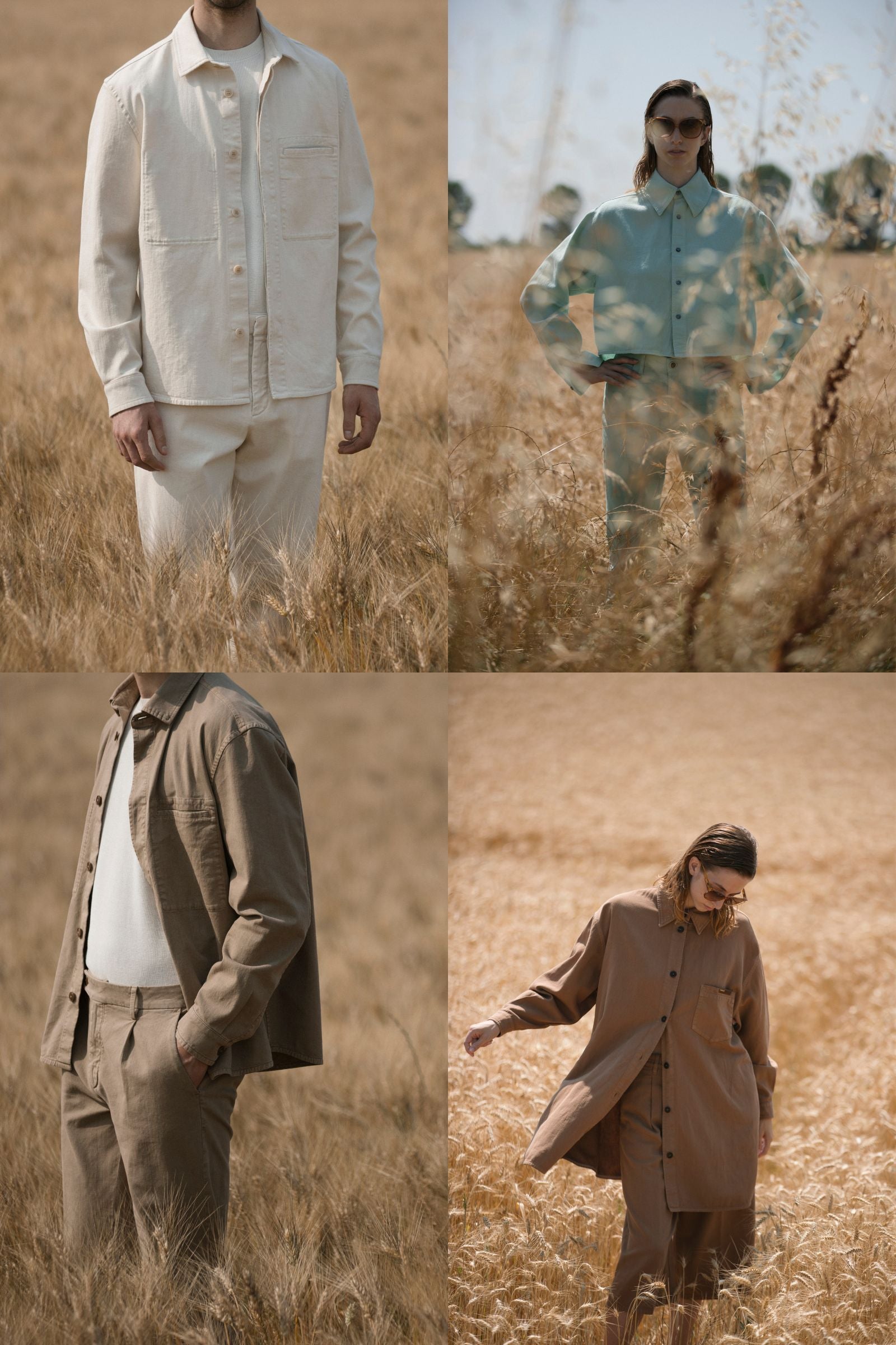 Modelli Barmas indossano camicie e completi sartoriali dai toni naturali in un campo dorato, collezione ispirata all’eleganza essenziale.