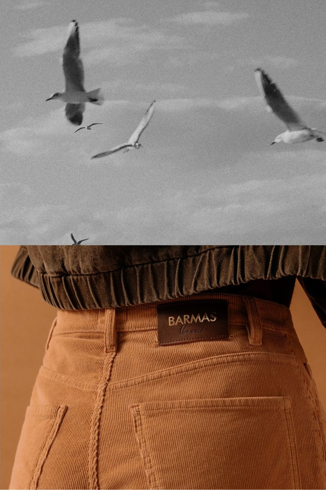 Dettaglio in primo piano della parte posteriore di pantaloni in denim color terra con etichetta Barmas, sopra uno sfondo con gabbiani in volo su cielo nuvoloso in bianco e nero.
